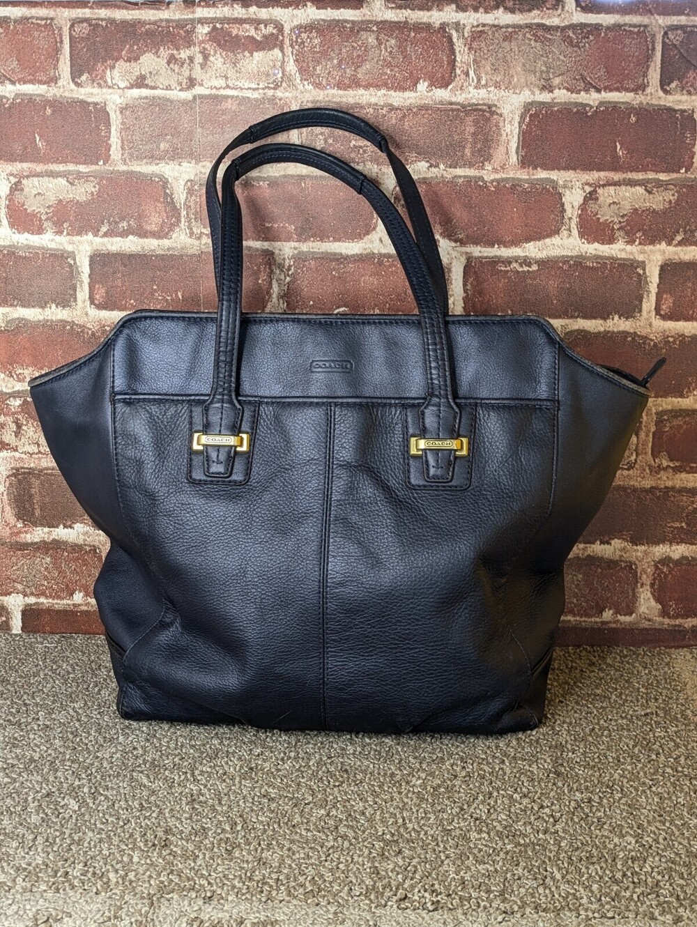 Coach Taylor Alexis Carryall Tote Purse Black Pebble Leather Hobo Shoulder Bag
